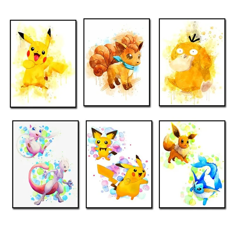 

Pokemon Anime Poster Pikachu Watercolor Art Background Wall Mural Charizard Scroll Painting Children's Toys Christmas Gifts Toy