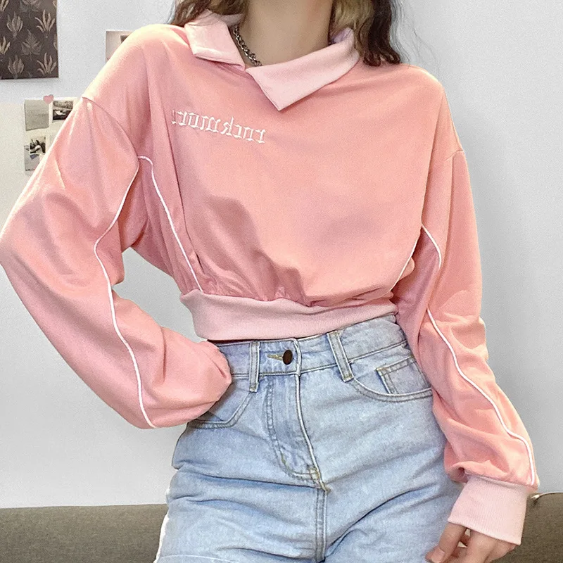 2023 Fall Winter Loose Fashion Letter Embroidery Long-sleeved Pink Pullover Women New Solid Color High Waist Hoodies Sweatshirt