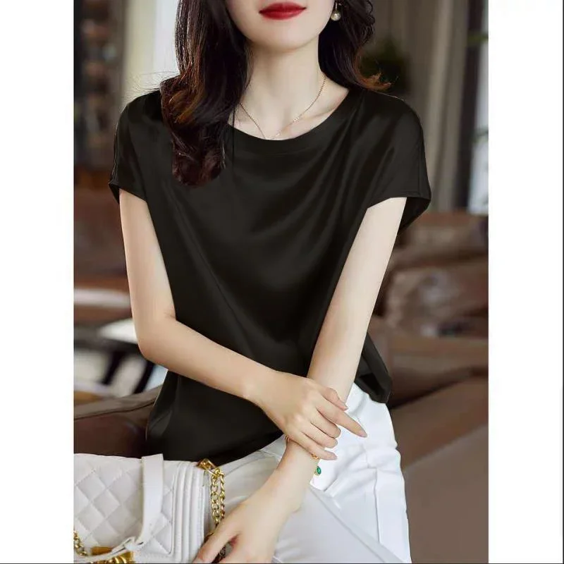 Office Lady Tops Summer Short Sleeve Blouses Satin Blouse Women Shirts Fashion Simple Solid Fashion Loose Shirt Blusas