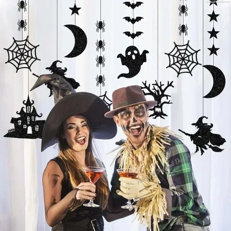 Halloween Hanging Banner Garland 6pcs Scary Spider Witch Ghost Bat Pendant Ornament Happy Halloween Party Decorations for Home
