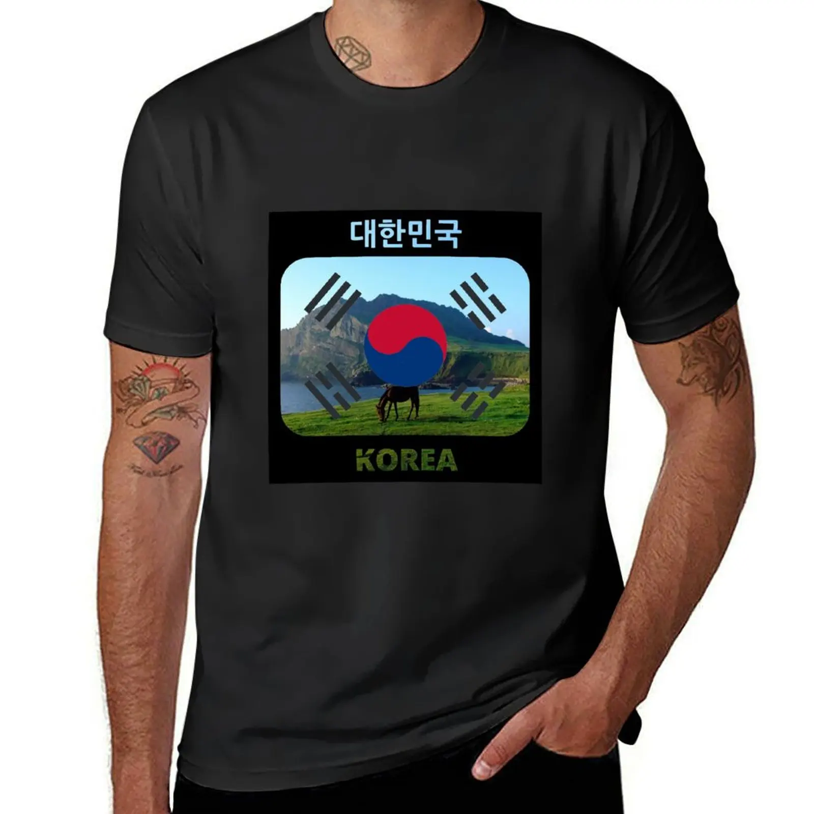 

Korean flag with Jeju Island theme T-Shirt cute tops customizeds hippie clothes fruit of the loom mens t shirts