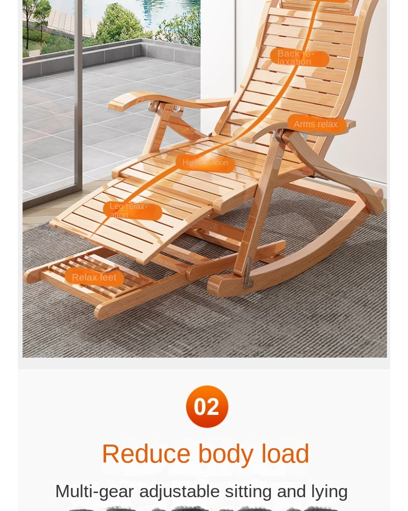 Description Picture 6 of itemBamboo adults Folding Rocking chair balcony Relax reclining chair Living room Armchair  Sun lounger Chair bed Design ergonomic