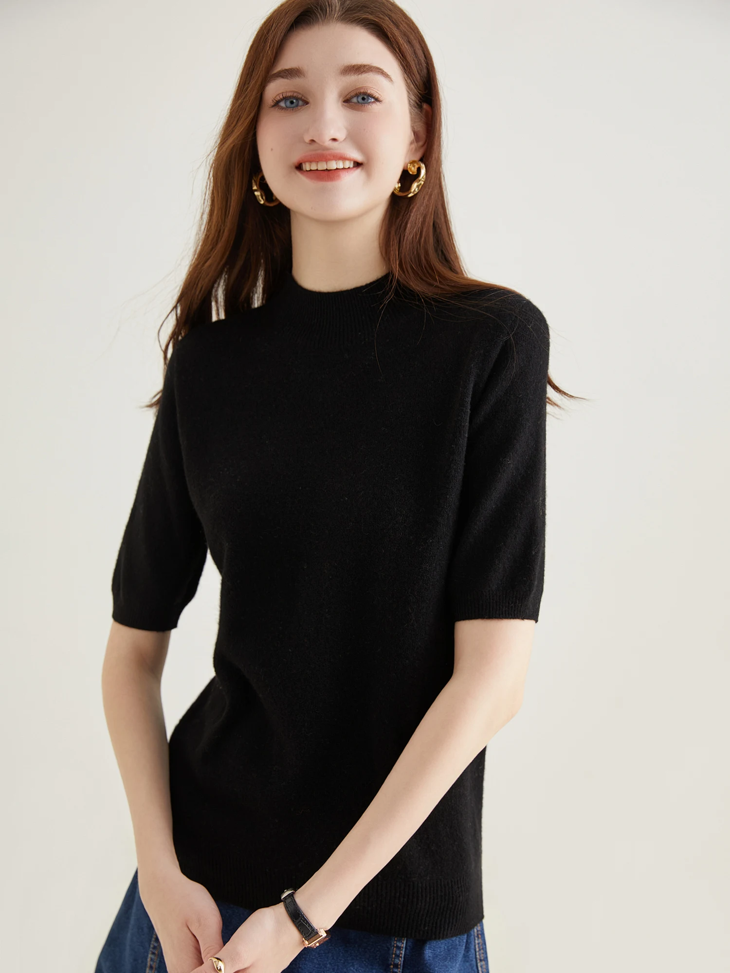 Wool Top Women's Sweater Knitwears Short Sleeve Pullover 100% Wool Half Turtleneck Sweater for Women Knit Jumper Female Clothing