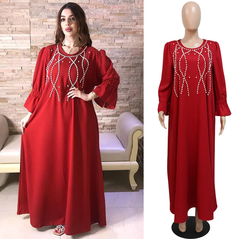 

Luxury Beading Middle East Kaftan Arabic Robe Dress Flare Long Sleeves Spring Summer Fashion Muslim Jalabiya Evening Moroccan