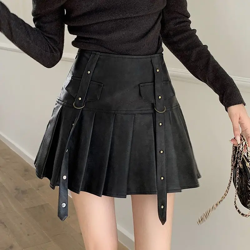 Leather Skirts A-Line Skirts Women Black Pleated Y2k Harajuku Korean Vintage Aesthetic Mini Skirt High Waist A Line Skirt