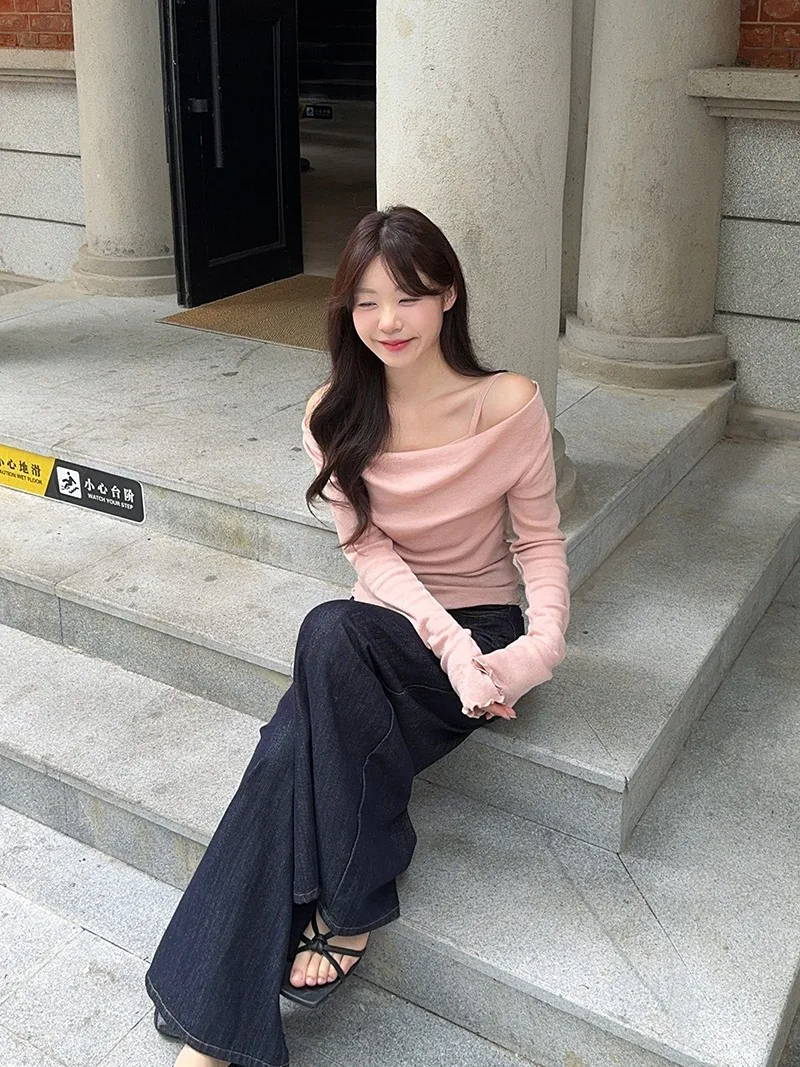 Fake Two-piece Off Shoulder Long Sleeve T-shirt Women's Sexy Slash Neck Flare Sleeve Base Shirt Top Autumn Casual Slim Fit Tops