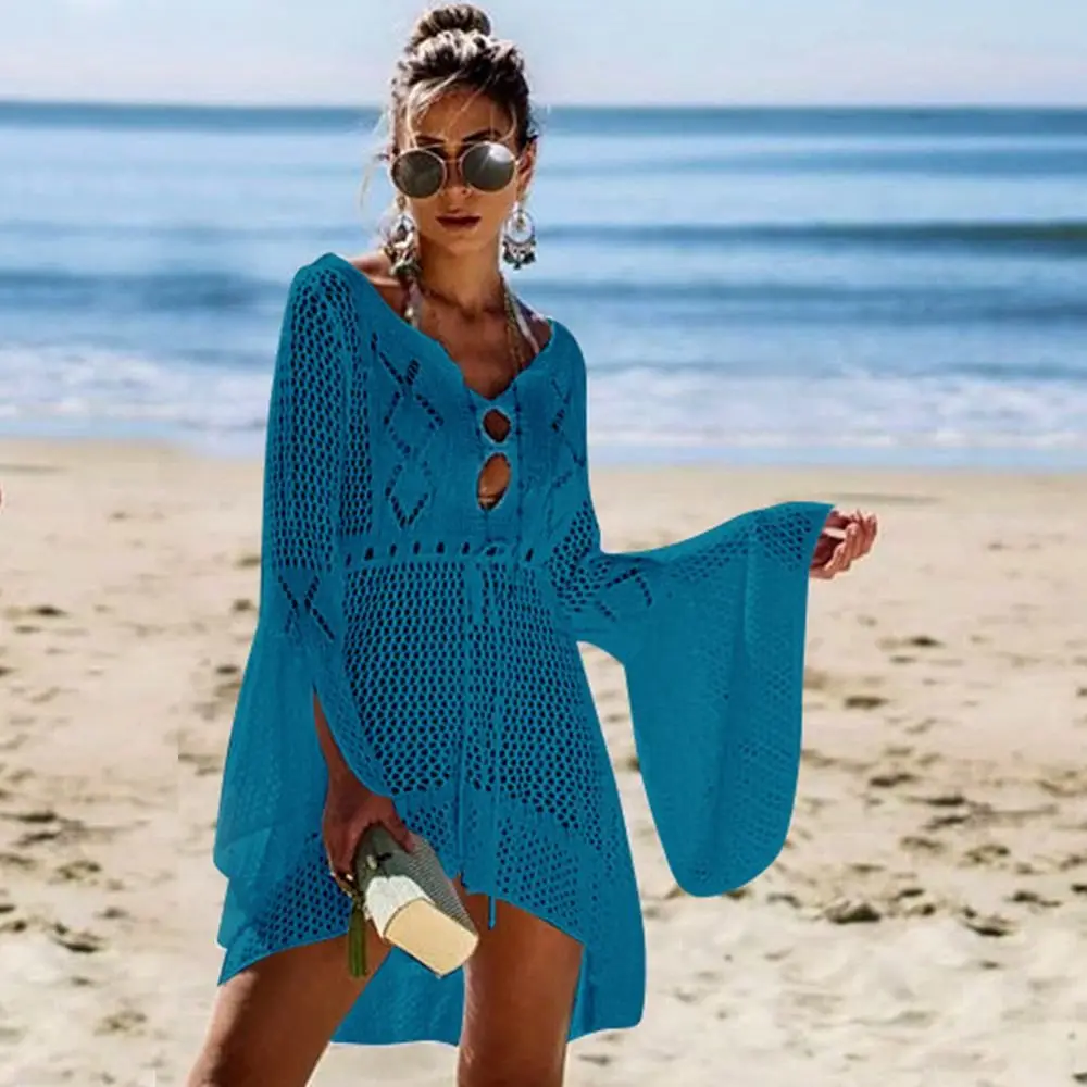 Fashion V Neck Summer Sunscreen Smock Knitted Hollow Out Swimsuit Cover Up Dress Bathing Suit Casual Bikini Cover-Ups for Women 4