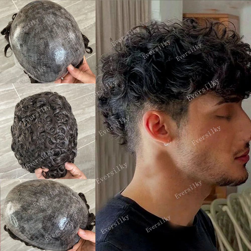Human Hair Toupee 20mm Curly Men Wig Super Durable Full Thin Skin PU Injection Microskin Toupee Capillary Prosthesis 100% Human Hair Cheap System