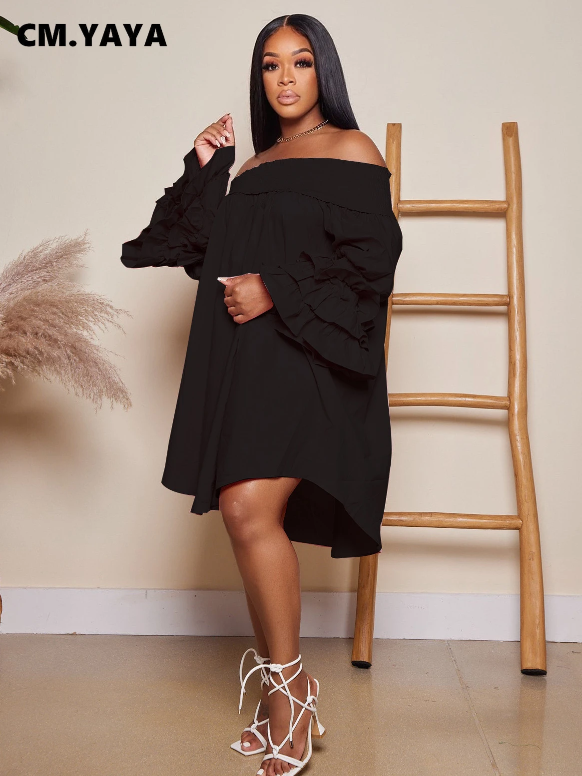 CM.YAYA Chic Women Cascading Ruffles Petal Off Shoulder Long