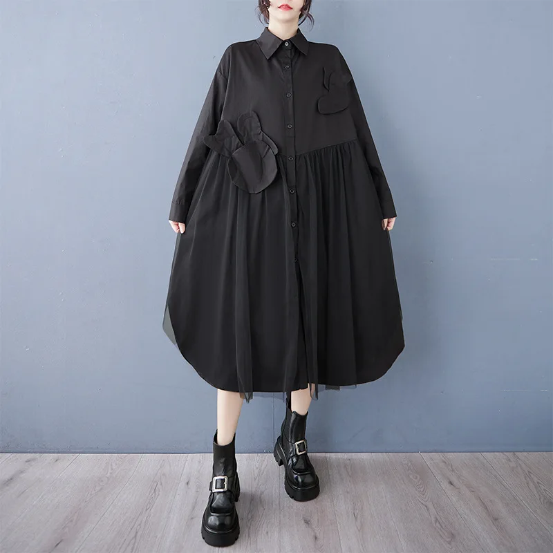 #2609 Black White Women Irregular Shirt Dress Long Sleeve Loose Split Joint Mesh A-line Midi Dress Ladies Single Breasted Spring 3