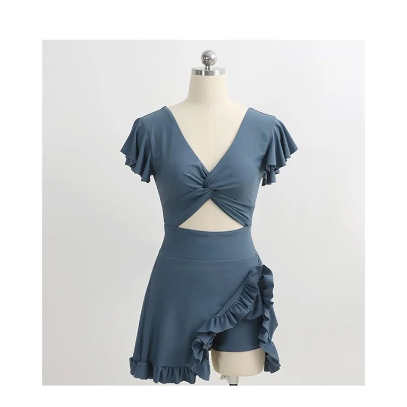 Sexy Solid Color Hollow Short Sleeve Conjoined Body Swimwear Women Slim Ruffles With Chest Pad Versatile Lady Swimsuit 2023