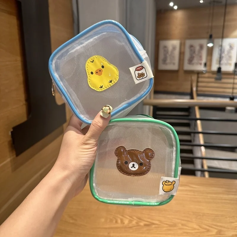 Rilakkuma Storage Bag Peripheral Mini Makeup Organizer Mesh Square Transparent Storage Makeup Bag Decoration Kawaii Girls Gifts