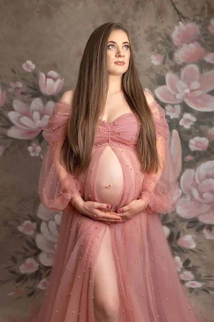 18049# Luxurious Pearl Tulle Maternity Dress for Photoshoot Wedding Guest Open Front Detachable Sleeves Pregnant Women Dresses