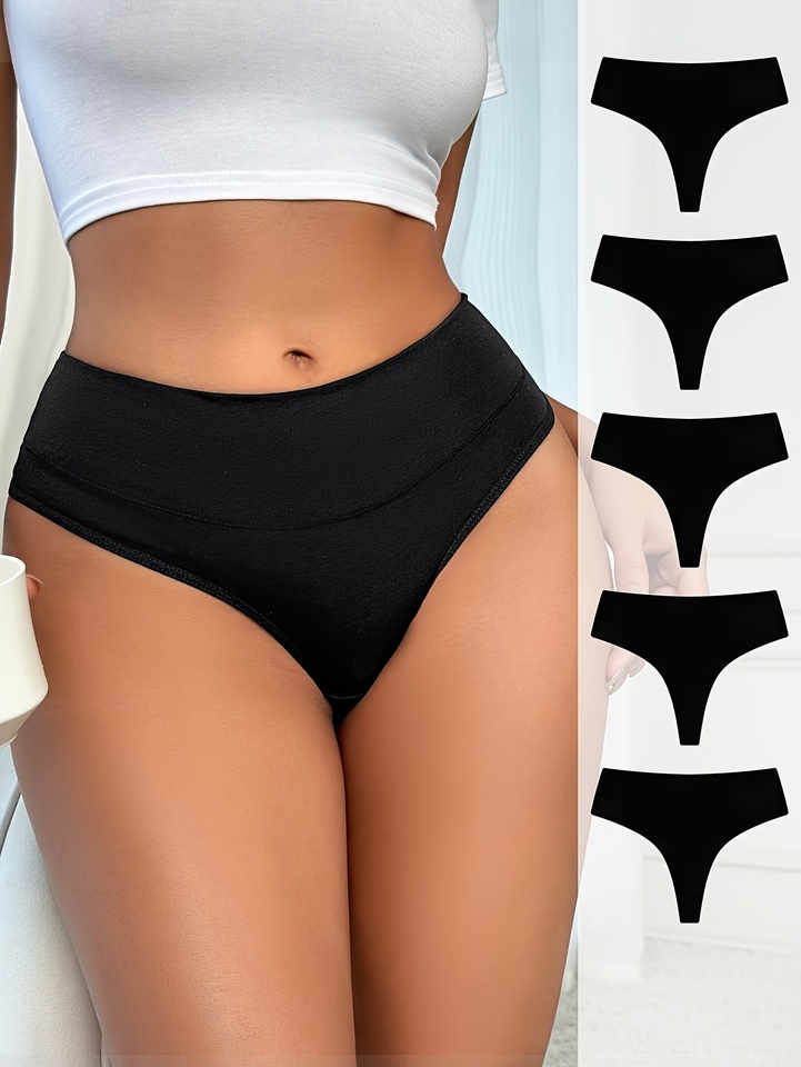 Black, simple, pure cotton high-waisted women's underpants, sexy women's large-sized thong, 5-piece set