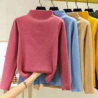 Thickened Long Sleeve Double-sided Fleece Base Shirt Women's Autumn Winter Half High Collar Warm T-shirt Slim Fit Fleece-lined I