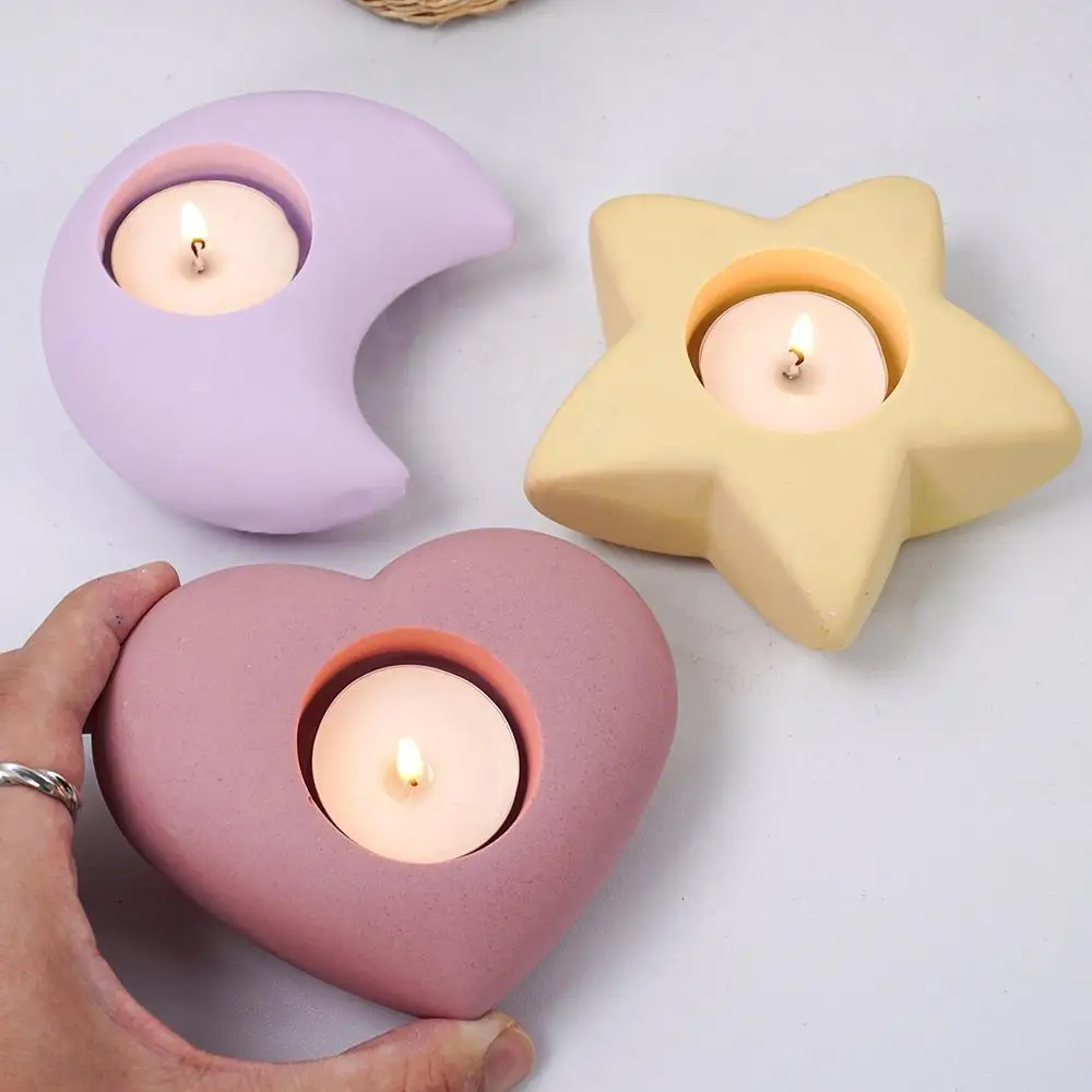 Creative 3D Candlestick Concrete Silicone Mold Star Moon Heart Shape Candle Holder Ornaments Cement Plaster Resin Craft Mould