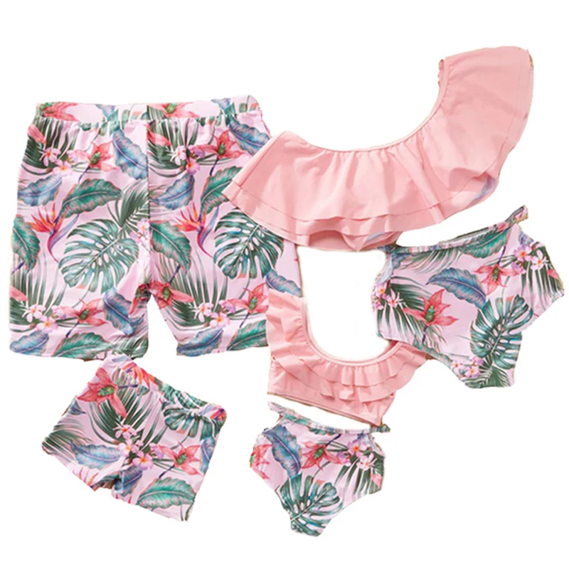 Summer Mommy and Daddy Son Daughter Clothes Clothing Bikini Sandbeach Swimsuit Family Matching Outfits Leaf Printing Swimwear 2