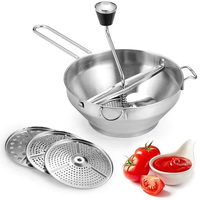 Stainless Steel Food Mill 3 Perforated Plates Manual Jam Masher Vegetable Fruit Potato Mud Press Baby Cooking Mill Food Blender