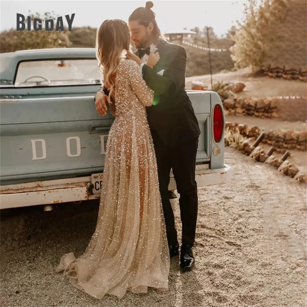 Glitter Long Sleeve Wedding Dresses 2025 Shiny Sequin O-Neck Open Back Bride Gown A-Line Open Back Vestidos De Novia Customized 3