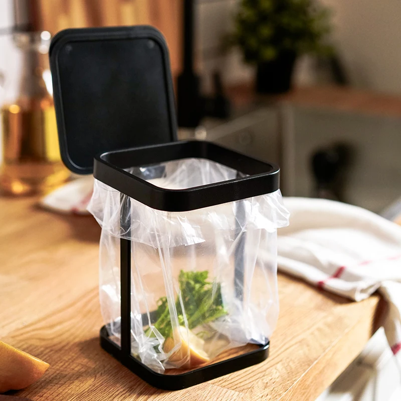

Desktop Mini Trash Can Household Flip Wrought Iron Garbage Bag Bracket Kitchen Countertop Office Dining Table Storage Basket