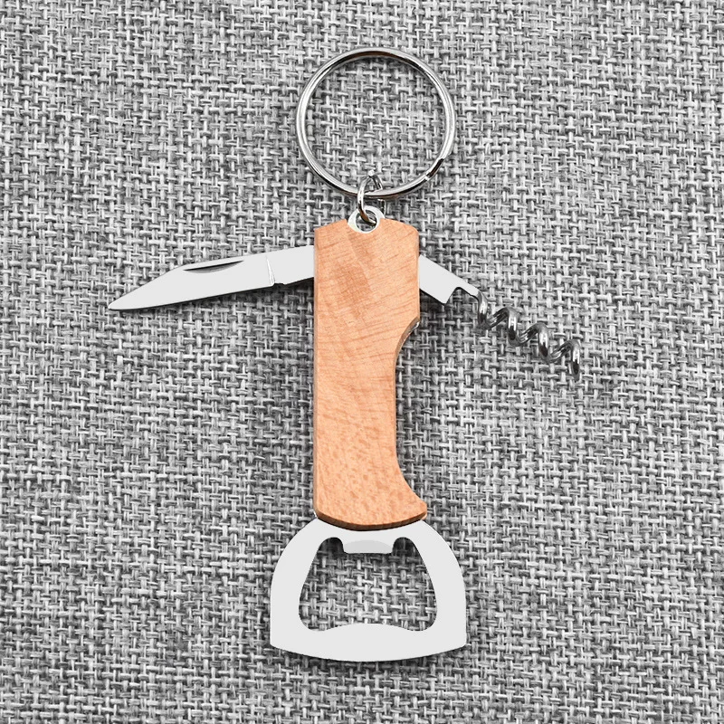 Can Opener Bottle Opener Multifunctional Tool Wine Opener Wine Corkscrew Portable Multi-Functional with Keychain Beech Wood Personalised Gift