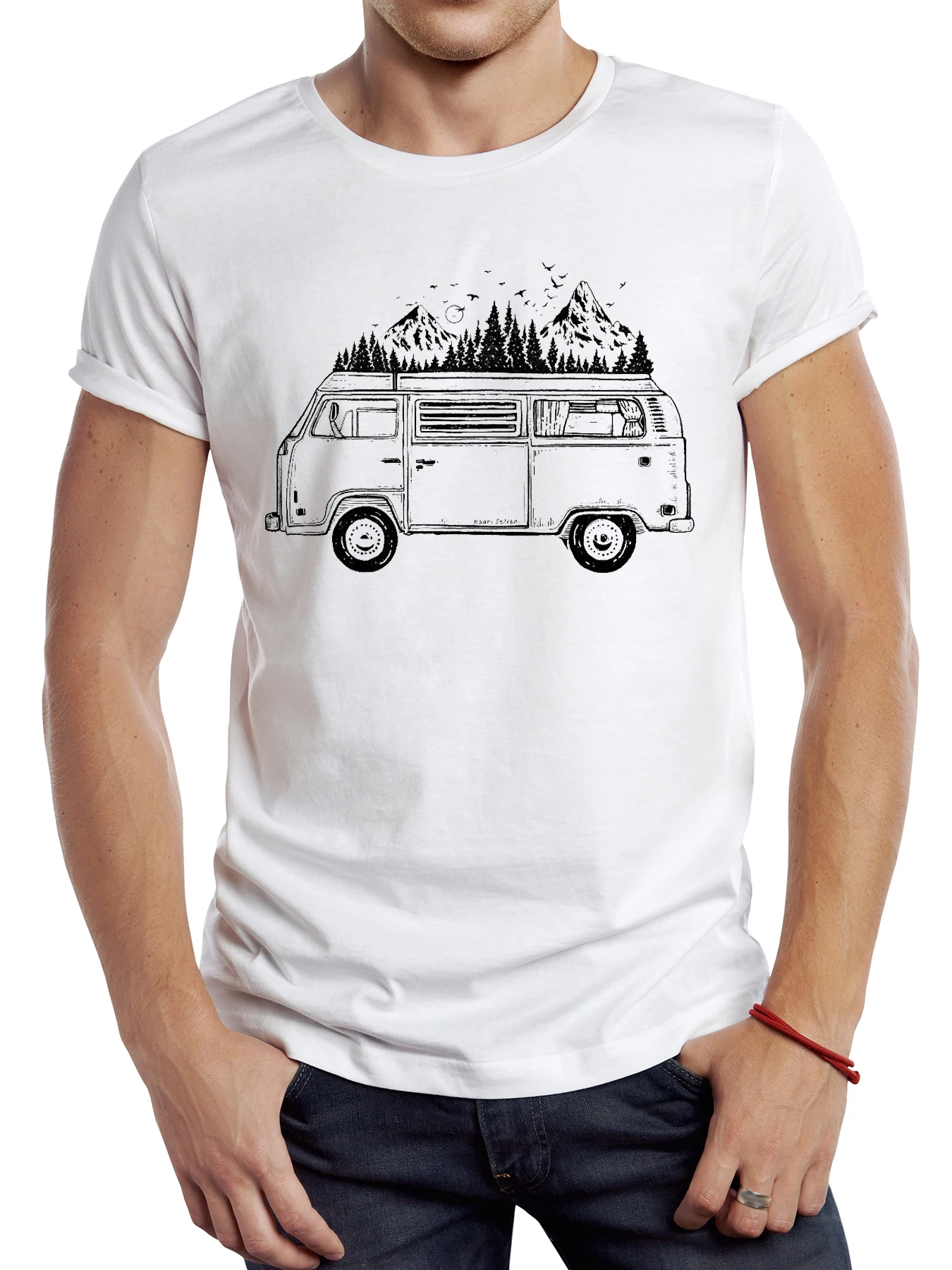 TEEHUB Vintage Mountain Men T Shirt Casual Camper Bus Male Tops Hipster Retro Camping Van Printed Tee_voghion.com