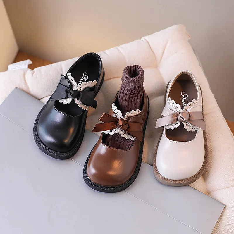 

2023 autumn new girls' leather shoes Korean lace lace bow children's princess shoes non-slip