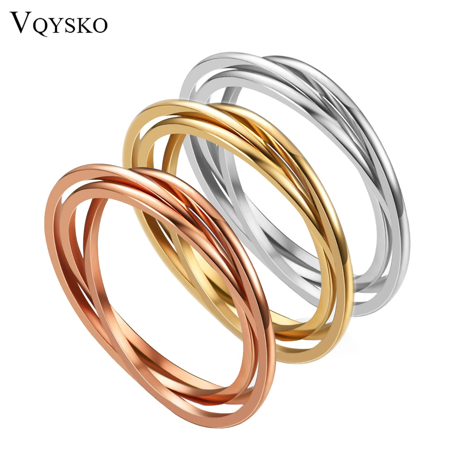 VQYSKO 1 mm/3 mm Edelstahl-Drei-in-Eins-geflochtener, ineinandergreifender, rollender Angstring für Ehering, Versprechen, Jubiläumsring