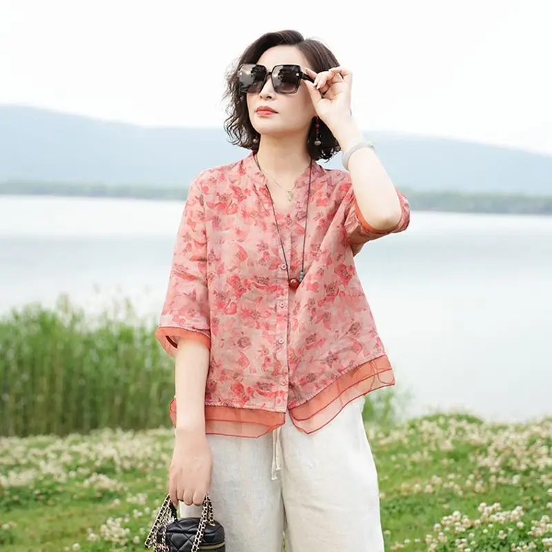 2023 Summer New Maternity Printed Fashion Shirt Ethnic Retro Style Cotton And Linen Pregnant Women's Shirt Maternity Top LF075 2