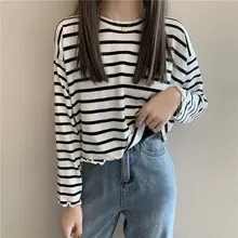 

T-shirts Women Long Sleeve Sweet Striped Kawaii Student Crop Top Edible Tree Fungus 4-colors Basic O-neck Spring Autumn Ulzzang