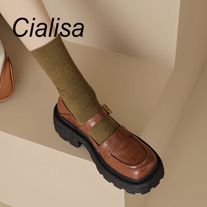 

Cialisa Women Shoes Round Toe Genuine Leather Dress Daily Thick Heels Ladies Footwear 2023 Spring New Casual Platform Shoe Brown