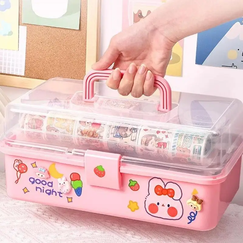 Stationary Organizer Box Handled Pink Tool Box Portable Storage Box Clear Multi-Layer Storage Organizer Multipurpose Medicine