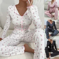 Y2K Cute Floral Ribbed Pajama Set Womens Long Sleeve V Neck Two Piece Sleepwear Homewear Autumn Winter Bow Lettuce Trim New Hot - Image 6