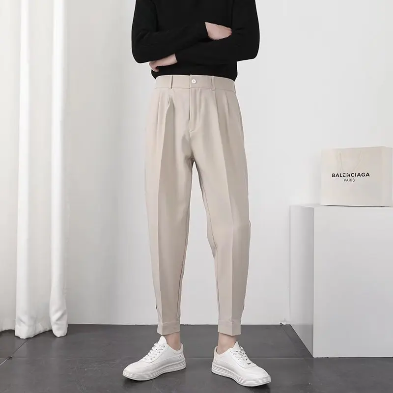 

Fashion Men Casual Pants Elastic Waist Small Feet Slim Korean Style Pleated Tapered Male Blazer Pants Trousers Streetwear