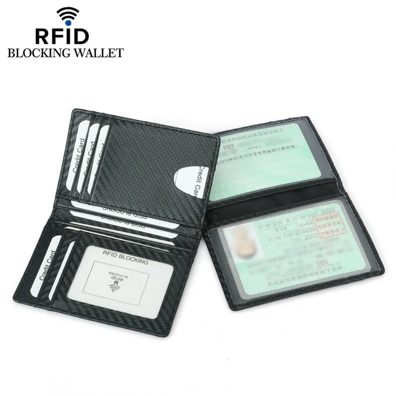 Men Card Wallets Bifold Ultra-thin Card Holder RFID Protection Carbon Fiber Pattern Male Mini Driver's License Case Purse Man