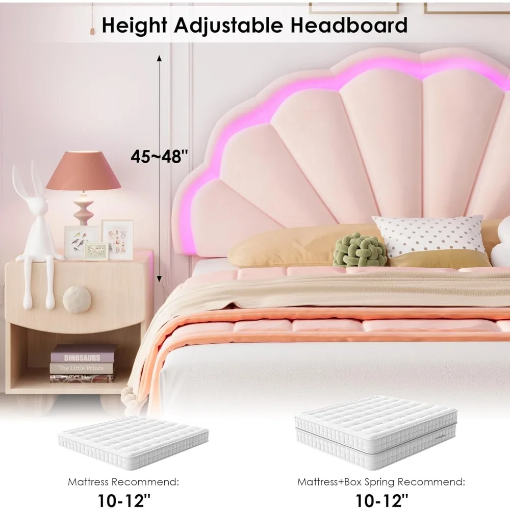 Queen Upholstered Smart LED Bed Frame with 2 Storage Drawers & Adjustable Headboard with Solid Wood Slat No Box Spring Needed
