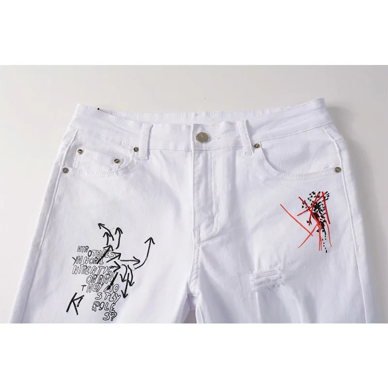 Fashion Embroidery Letters White Skinny Jeans Trousers Men Hip Hop Punk Casual Motorcycle Stretch Ripped Denim Pants Streetwear
