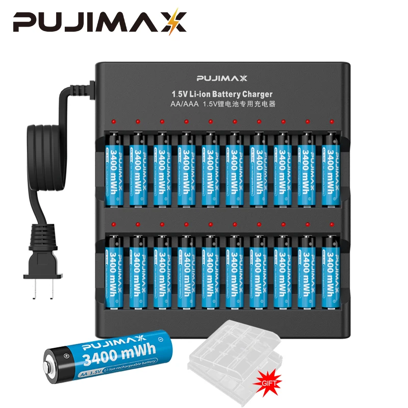 

PUJIMAX New 20-slot Lithium Battery Charger US Plug Independent Slot Charging With Original 16/20Pcs AA 1.5V Li-ion Battery