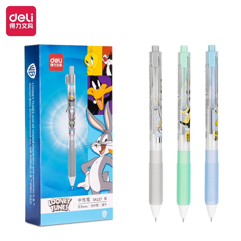 3Pcs Deli SA127 Looney Tunes Bugs Bunny Quick Dry Press Student Neutral Pen 0.5mm Full Needle Tube Black Ink Supplies School 3pcs staedtler 313s 317m rotuladores color art marker ink marking stationery office school supplies quick drying waterproof