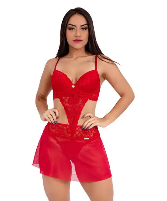 Conjunto IMI Lingerie Sutiã Calcinha Fio e Saia Renda Tule Hari