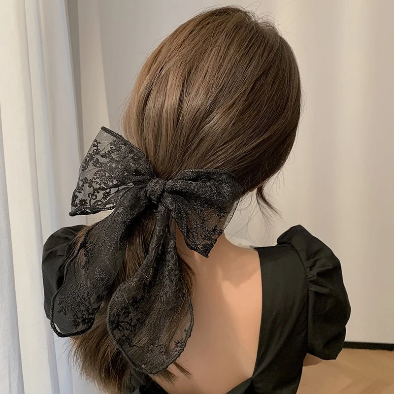 

Fashion Solid Color Women Lace Hairclip Black White Bow Hair Barrettes Ponytail Hairpin Accessories for Women