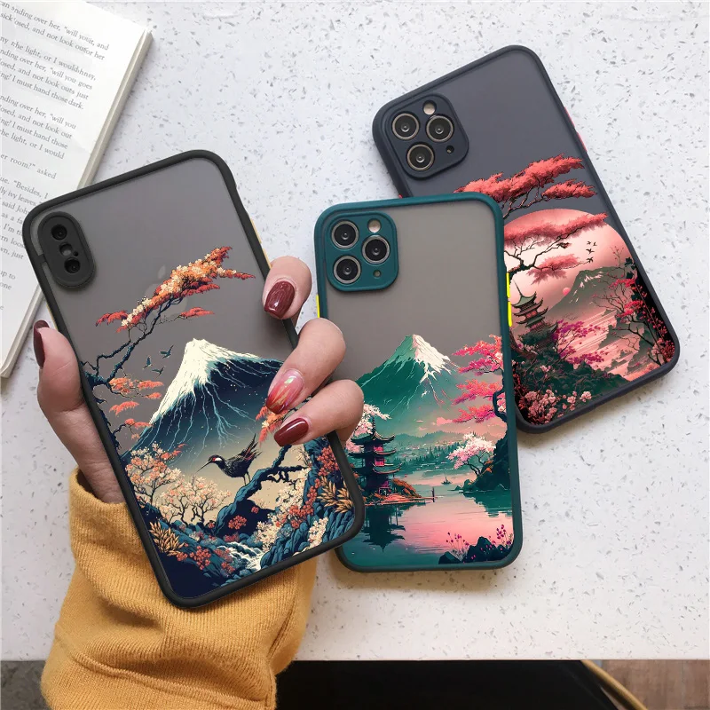 Japanese Aesthetic Mount Fuji Landscape Map Phone Case For iPhone 7 8 Plus 14 13 12 11 15 Pro Max Mini XR XS X Shockproof Cover