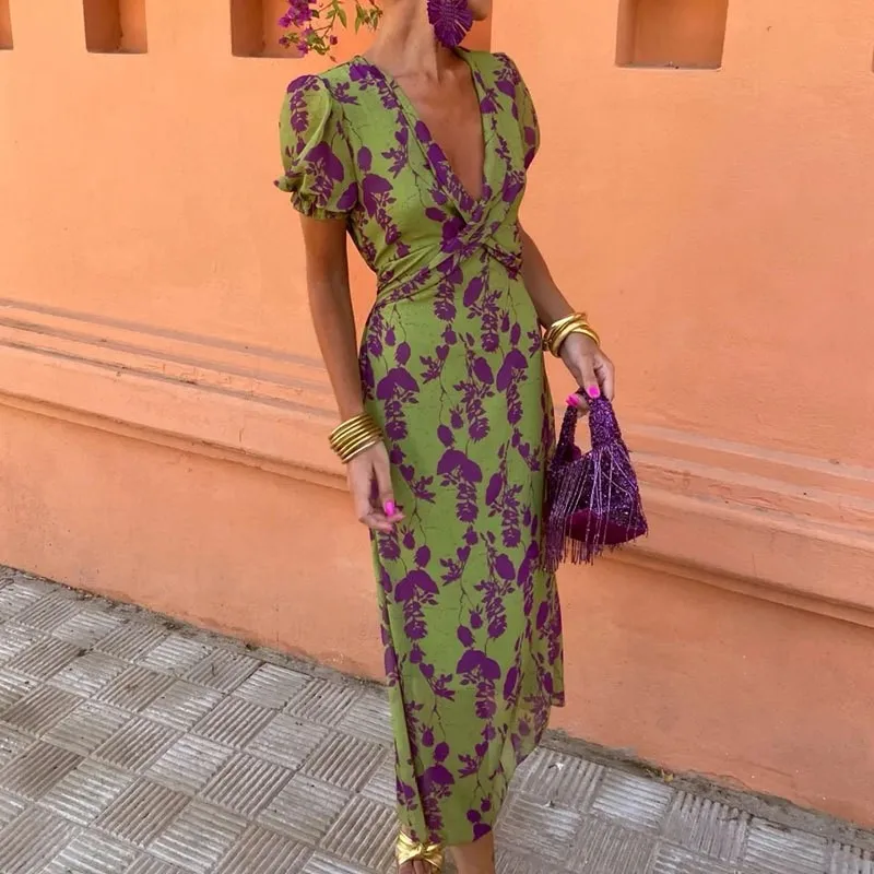 

Women's Dress Summer Women's Printed Dress Contrast Color Long Skirt Slim V Neck Dress Fashionable Women's Party Street Vest