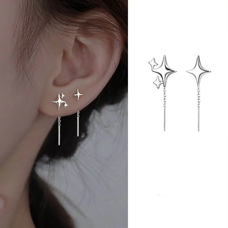 2024 New Korean Star Ear Wire Tassel Thread Chain Climb Star Pendants Drop Earrings Women's Straight Hanging Earings Jewelry