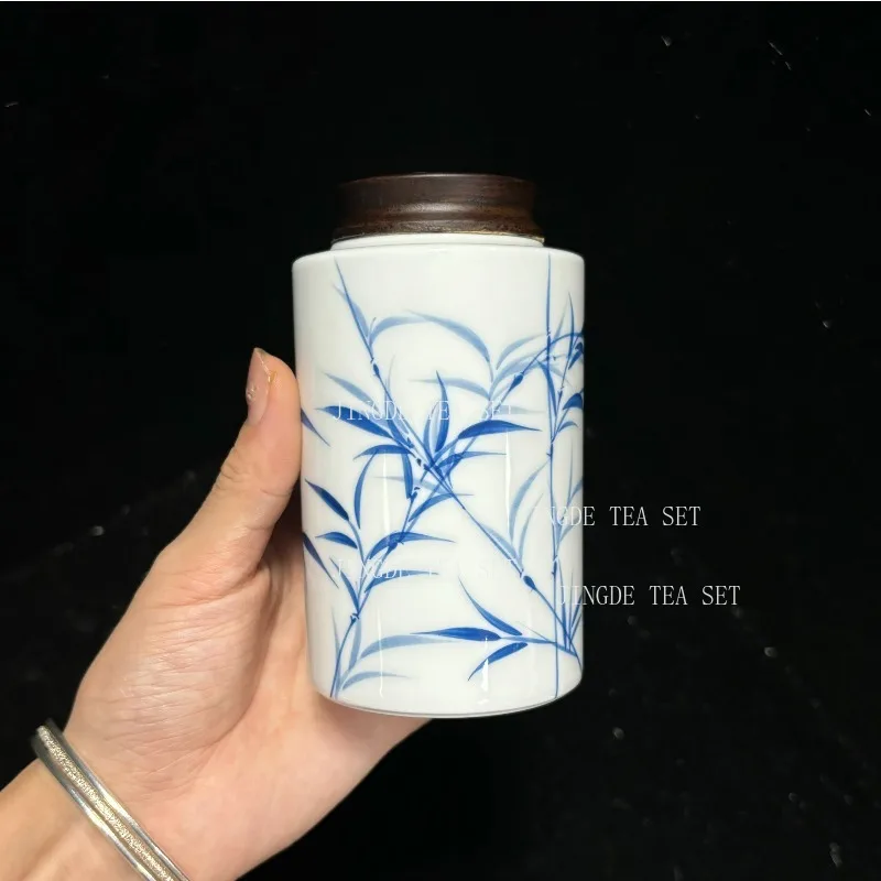 220ml Hand-painted Ceramic Tea Jar Ebony Lid Storage Jar Portable Moisture-proof Coffee Container White Porcelain Tea Sealed Jar