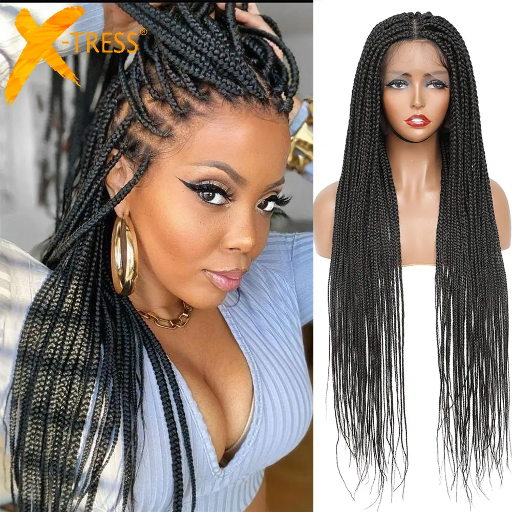 Xtress 36" Full Lace Front Box Braided Synthetic Wigs Knotless Cornrow Braids Black Lace