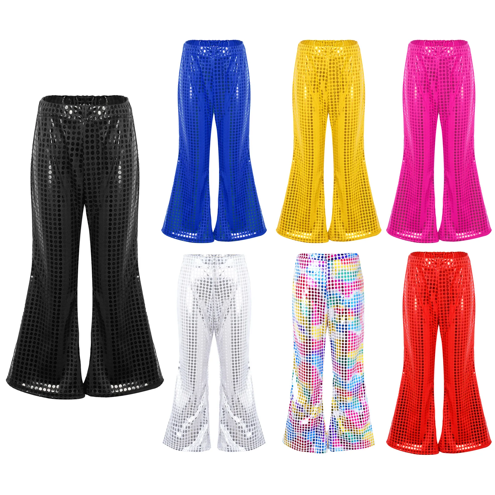 Kids Flared Pants Boys Girls Shiny Sequins Elastic Waist Bell Bottom Trousers Jazz Disco Modern Dance Stage Performance Wear