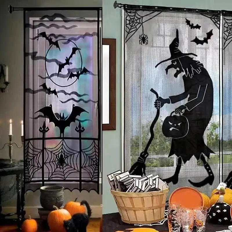 New 1 Pcs Halloween Decoration Spider Witch Bat Skull Door Curtain Ghost Festival Black Lace Curtain Home Party Decoration