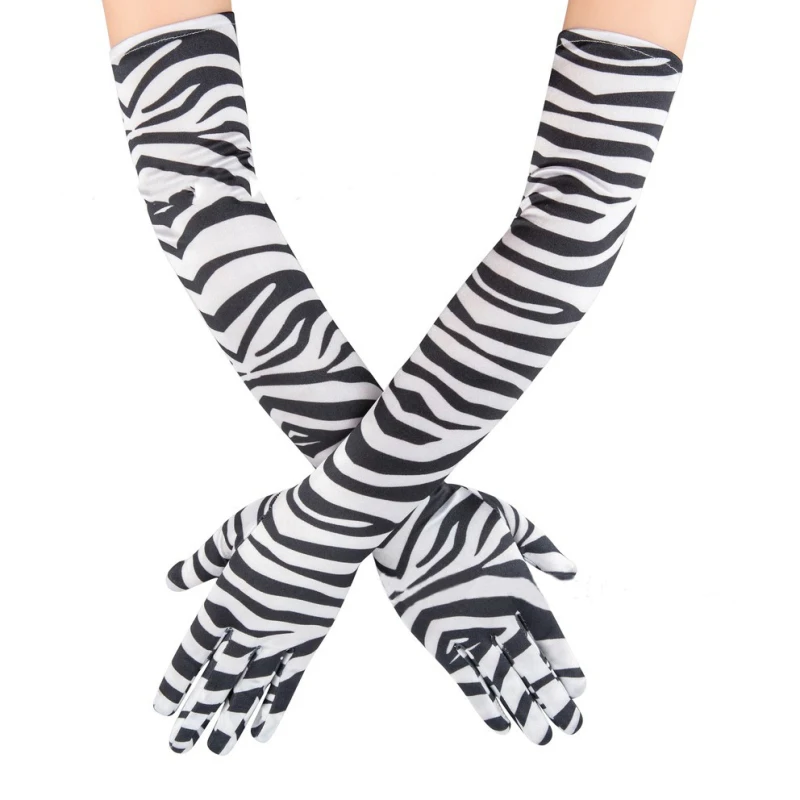 

Women Satin Fashion Personality Zebra Print Elasticity Holiday Party Sunscreen Drive Ride Long Gloves Bar Dance Cosplay