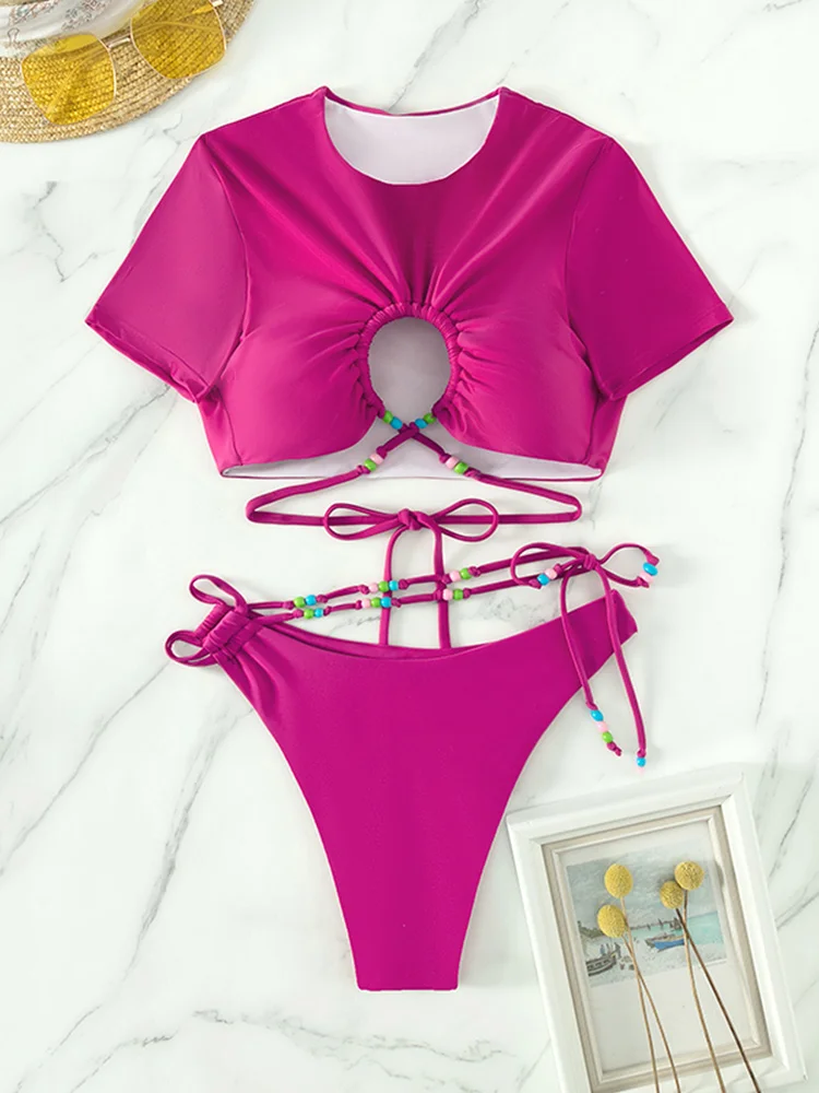 Mixed Print Short Sleeve Bikini Set